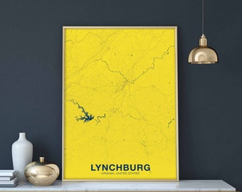 CUSTOM Lynchburg plus counties Virginia map poster color Hometown City Print Modern Home Decor Office Decoration Wall Art Dorm Bedroom Gift
