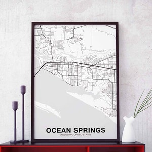 OCEAN SPRINGS Mississippi USA carte affiche noir blanc ville natale ville impression moderne décoration maison bureau décoration mur art dortoir chambre cadeau