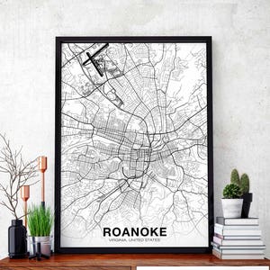 ROANOKE Virginia VA USA carte affiche noir blanc ville natale ville impression moderne décoration de la maison bureau décoration art mural dortoir chambre cadeau