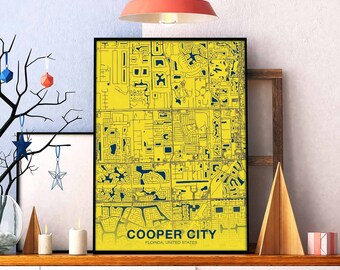 COOPER CITY FLorida FL usa map poster colors Hometown City Print Modern Home Decor Office Decoration Wall Art Dorm Bedroom Gift