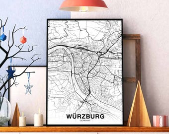WÜRZBURG Germany map poster black white Hometown City Print Modern Home Decor Office Decoration Wall Art Dorm Bedroom Gift