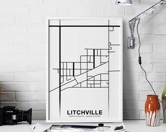 LITCHFIELD North Dakota ND map poster black white Hometown City Print Modern Home Decor Office Decoration Wall Art Dorm Bedroom Gift