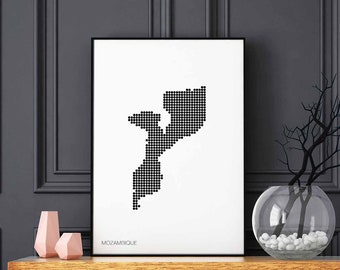 MOZAMBIQUE minimal dots retro map poster black white wall decor design modern swiss scandinavian nordic housewarming travel