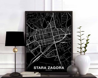 STARA ZAGORA Bulgaria map poster black white Hometown City Print Modern Home Decor Office Decoration Wall Art Dorm Bedroom Gift