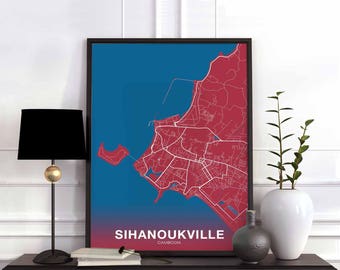 SIHANOUKVILLE Cambodia map poster color Hometown City Print Modern Home Decor Office Decoration Wall Art Dorm Bedroom Gift