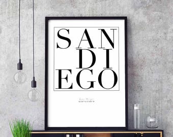San Diego minimal typography art print poster black white wall decor design modern swiss scandinavian nordic inspiration city