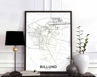 BILLUND Denmark map poster black white wall decor design scandinavian minimal nordic housewarming travel bedroom