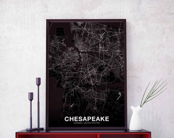CHESAPEAKE Virginia VA USA map poster black white Hometown City Print Modern Home Decor Office Decoration Wall Art Dorm Bedroom Gift