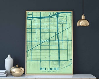 BELLAIRE Texas TX USA map poster color Hometown City Print Modern Home Decor Office Decoration Wall Art Dorm Bedroom Gift