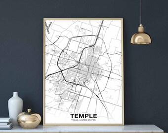 TEMPLE Texas TX usa map poster black white Hometown City Print Modern Home Decor Office Decoration Wall Art Dorm Bedroom Gift