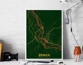 ZENICA Bosnia & Herzegovina map poster color Hometown City Print Modern Home Decor Office Decoration Wall Art Dorm Bedroom Gift
