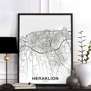 HERAKLION Griechenland Karte Poster schwarz weiß Heimatstadt Stadt Print Modernes Wohndekor Büro Dekoration Wand Kunst Wohnheim Schlafzimmer Geschenk
