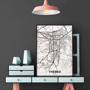 THEBES Griechenland Karte Poster schwarz weiß Heimatstadt Stadt Print Modernes Wohndekor Büro Dekoration Wand Kunst Wohnheim Schlafzimmer Geschenk