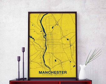 MANCHESTER New Hampshire NH USA map poster color Hometown City Print Modern Home Decor Office Decoration Wall Art Dorm Bedroom Gift