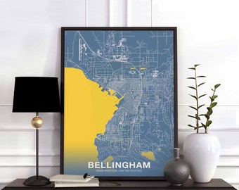 BELLINGHAM Washington WA US map Denim Blue poster colorHometown City Print Modern Home Decor Office Decoration Wall Art Dorm Bedroom Gift