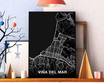 VINA DEL MAR Chile map poster black white Hometown City Print Modern Home Decor Office Decoration Wall Art Dorm Bedroom Gift