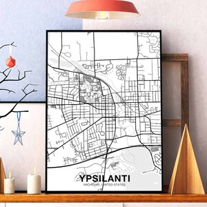 YPSILANTI Michigan MI USA carte affiche noir blanc ville natale ville impression moderne décor à la maison bureau décoration mur art dortoir chambre cadeau