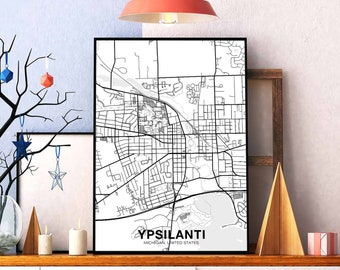 YPSILANTI  Michigan MI USA map poster black white Hometown City Print Modern Home Decor Office Decoration Wall Art Dorm Bedroom Gift