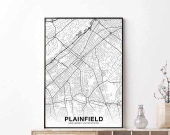 PLAINFIELD New Jersey nj usa map poster black white Hometown City Print Modern Home Decor Office Decoration Wall Art Dorm Bedroom Gift