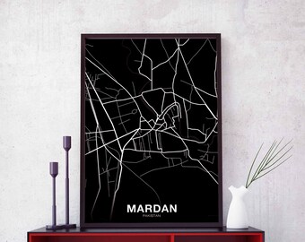 MARDAN Pakistan map poster black white Hometown City Print Modern Home Decor Office Decoration Wall Art Dorm Bedroom Gift