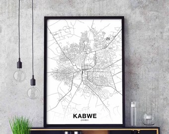 KABWE Zambia map poster black white Hometown City Print Modern Home Decor Office Decoration Wall Art Dorm Bedroom Gift