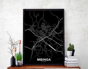 MBINGA Tanzania map poster black white Hometown City Print Modern Home Decor Office Decoration Wall Art Dorm Bedroom Gift
