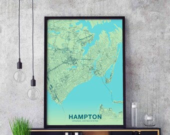 HAMPTON Virginia VA US map poster color Hometown City Print Modern Home Decor Office Decoration Wall Art Dorm Bedroom Gift