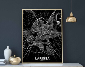 LARISSA  Greece map poster black white Hometown City Print Modern Home Decor Office Decoration Wall Art Dorm Bedroom Gift