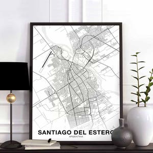 Póster de mapa de SANTIAGO DEL ESTERO Argentina, impresión de ciudad natal en blanco y negro, decoración moderna para el hogar, decoración de oficina, arte de pared, dormitorio, regalo