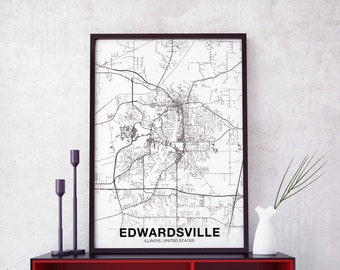 EDWARDSVILLE Illinois IL USA map poster black white Hometown City Print Modern Home Decor Office Decoration Wall Art Dorm Bedroom Gift