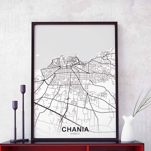 CHANIA Griechenland Karte Poster schwarz weiß Heimatstadt Stadt Print Modernes Wohndekor Büro Dekoration Wand Kunst Wohnheim Schlafzimmer Geschenk
