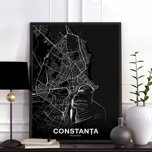 CONSTANTA Roumanie carte affiche noir blanc ville natale ville impression moderne décor à la maison bureau décoration mur art dortoir chambre cadeau