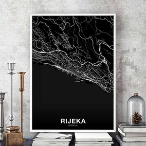 RIJEKA croatie carte affiche noir blanc ville natale ville impression moderne décor à la maison bureau décoration mur art dortoir chambre cadeau