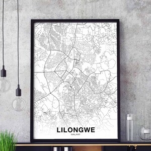 LILONGWE Malawi carte affiche noir blanc ville natale ville impression moderne décor à la maison bureau décoration mur art dortoir chambre cadeau