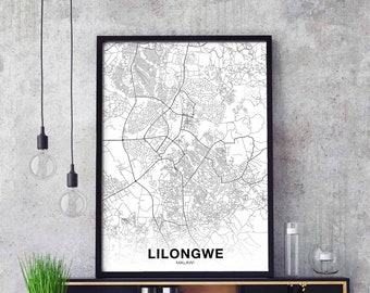 LILONGWE Malawi map poster black white Hometown City Print Modern Home Decor Office Decoration Wall Art Dorm Bedroom Gift