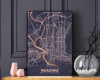 READING Pennsylvania PA USA map poster color Hometown City Print Modern Home Decor Office Decoration Wall Art Dorm Bedroom Gift