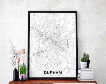 DURHAM North Carolina NC USA map poster black white Hometown City Print Modern Home Decor Office Decoration Wall Art Dorm Bedroom Gift