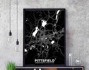 PITTSFIELD Massachusetts MA US map poster black white Hometown City Print Modern Home Decor Office Decoration Wall Art Dorm Bedroom Gift