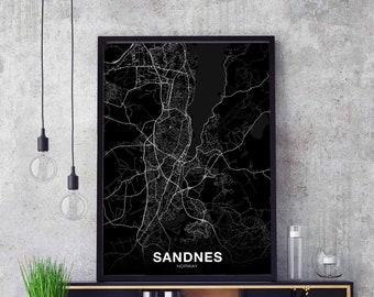 SANDNES Norway map poster black white Hometown City Print Modern Home Decor Office Decoration Wall Art Dorm Bedroom Gift