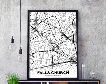 FALLS CHURCH Virginia VA usa map poster black white Hometown City Print Modern Home Decor Office Decoration Wall Art Dorm Bedroom Gift