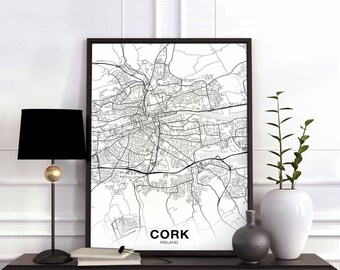 CORK Ireland map poster black white Hometown City Print Modern Home Decor Office Decoration Wall Art Dorm Bedroom Gift