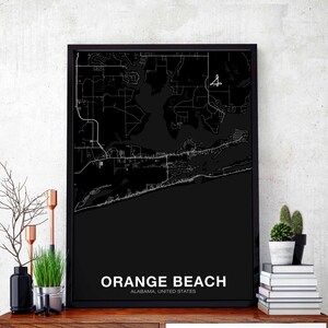 ORANJE STRAND Alabama AL usa kaart poster zwart wit woonplaats stad print modern interieur kantoor decoratie kunst aan de muur slaapzaal slaapkamer cadeau