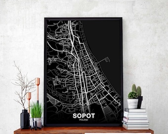 SOPOT Poland map poster black white Hometown City Print Modern Home Decor Office Decoration Wall Art Dorm Bedroom Gift