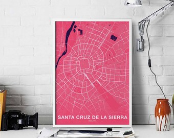 SANTA CRUZ de la SIERRA Bolivia map poster color Hometown City Print Modern Home Decor Office Decoration Wall Art Dorm Bedroom Gift