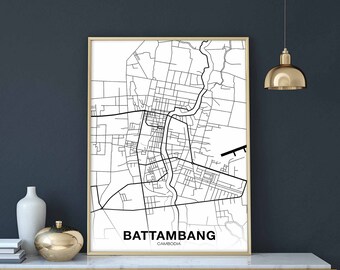 BATTAMBANG Cambodia map poster black white Hometown City Print Modern Home Decor Office Decoration Wall Art Dorm Bedroom Gift