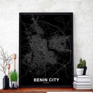 BENIN CITY Nigeria carte affiche noir blanc ville natale ville impression moderne décor à la maison bureau décoration mur art dortoir chambre cadeau