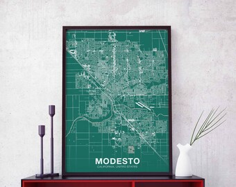 MODESTO California CA US map poster color Hometown City Print Modern Home Decor Office Decoration Wall Art Dorm Bedroom Gift