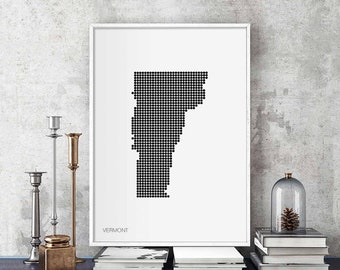 VERMONT US state minimal dots retro map poster black white wall decor design modern swiss scandinavian nordic housewarming travel