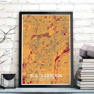 Pode incluir: Um mapa emoldurado de Bolingbrook, Illinois, em cores laranja e vermelho. O mapa é impresso em um fundo branco e tem uma moldura preta.