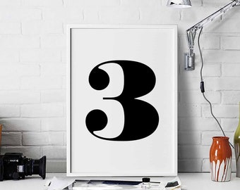 Three '3' number character type poster black white wall decor design motto swiss scandinavian minimal art modern quote nordic